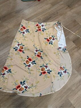 T.J.Maxx Beige Floral Asymmetrical Wrap Skirt